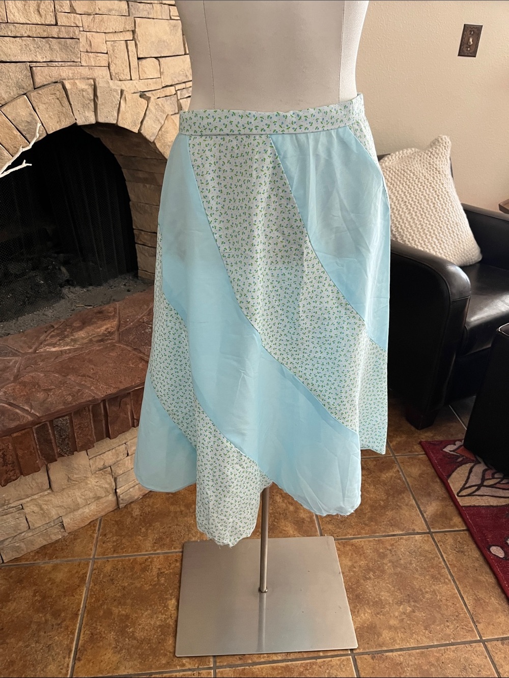 Handcrafted Light Blue Floral Quilted Panel A-Line Skirt